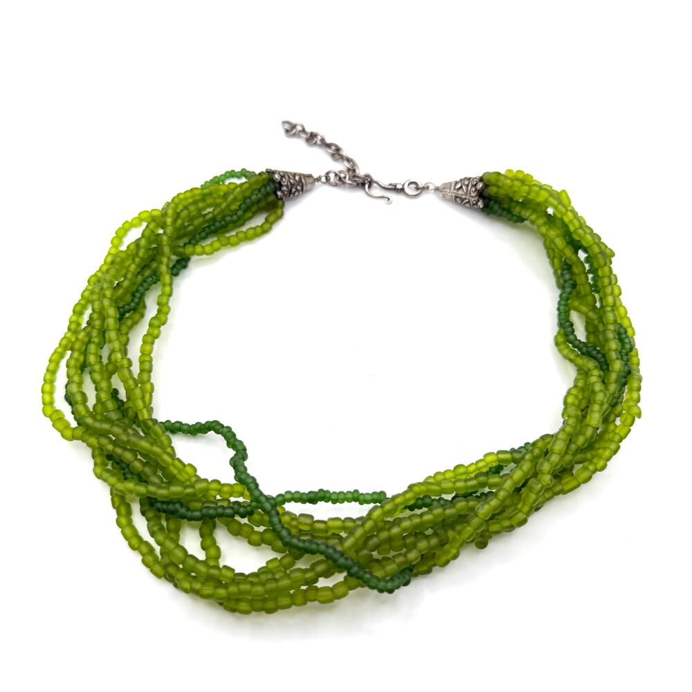 Vintage 90s Green Frosted Glass Multi Strand Chandelier Necklace
